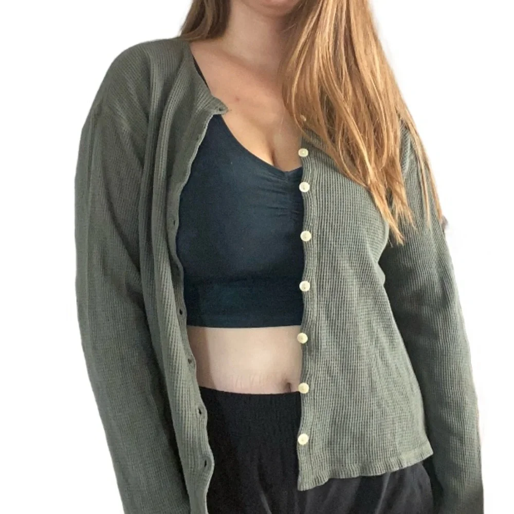 Vintage Abercrombie Y2K 90s Sage Green Button Front Thermal Waffle Knit Shirt - Picture 6 of 11